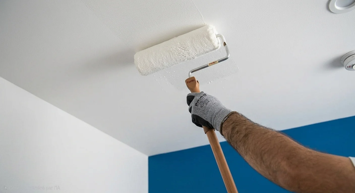 Peintre appliquant au rouleau une peinture blanche sur un plafond, mur bleu attenant