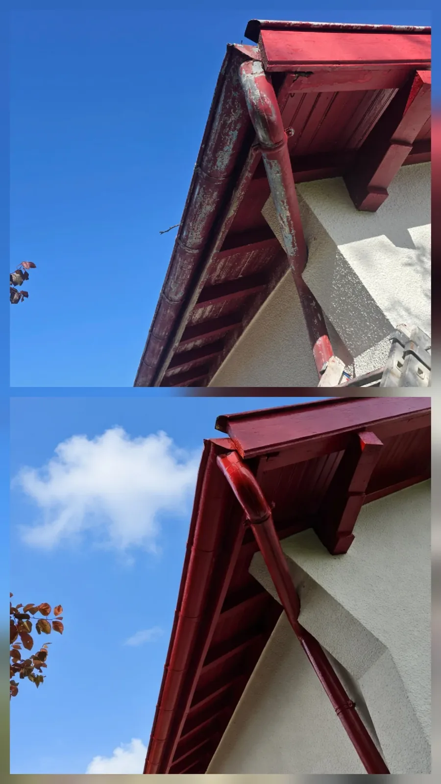 Peinture des boiseries et de la rive de toit en rouge, avant et après