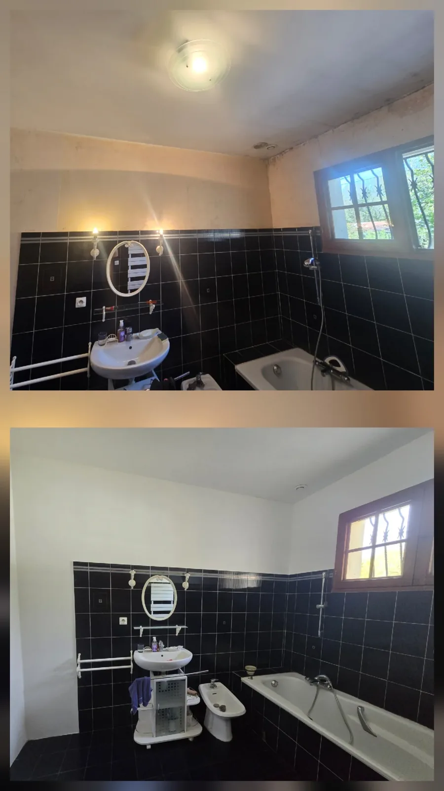 Rénovation de peinture d'une salle de bains, avant et après